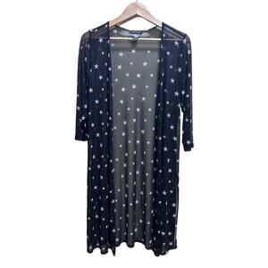 Nel + Lo Star Mesh Open Cardigan 1X Blk White Sheer Longline Stretchy Witchygoth